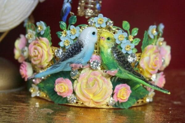 SOLD! 3849 Set Of Hand Painted Art Nouveau Parrots Birdcage Flowers Crown+ Earrings - Image 2