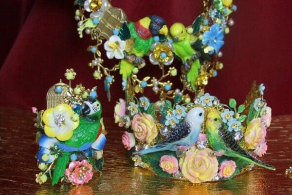SOLD! 3849 Set Of Hand Painted Art Nouveau Parrots Birdcage Flowers Crown+ Earrings - Image 5