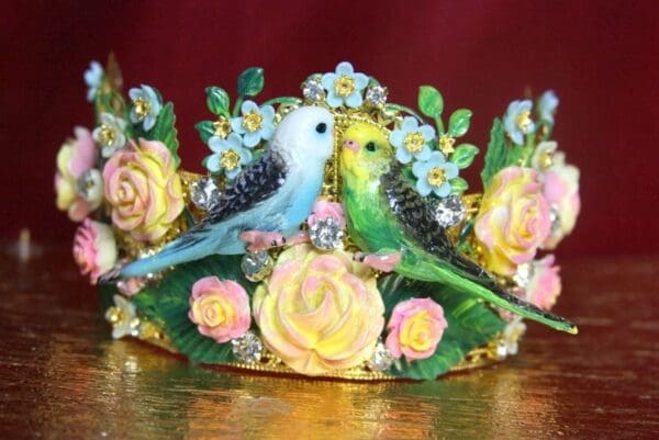 SOLD! 3849 Set Of Hand Painted Art Nouveau Parrots Birdcage Flowers Crown+ Earrings - Image 9