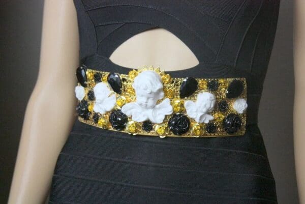 SOLD! 3860 Runway 2018 White Baroque Cherubs Angels Black Crystal Filigree Embellished Waist Belt - Image 5