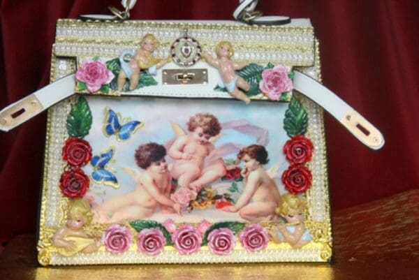 SOLD! 3876 Baroque Hand Painted Vivid Musical Cherubs Angels Roses Embellished Tote Crossbody Handbag - Image 2