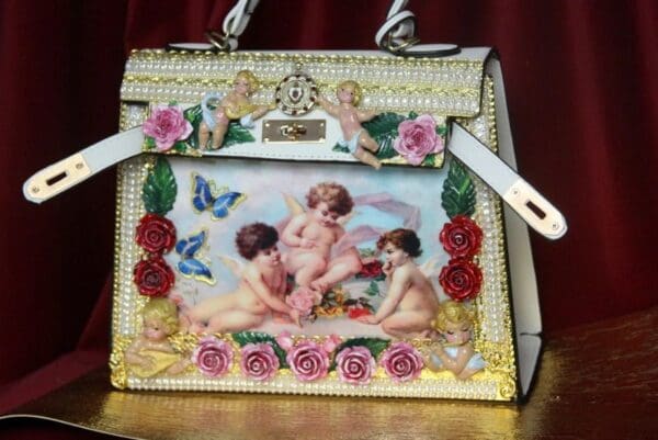 SOLD! 3876 Baroque Hand Painted Vivid Musical Cherubs Angels Roses Embellished Tote Crossbody Handbag - Image 3