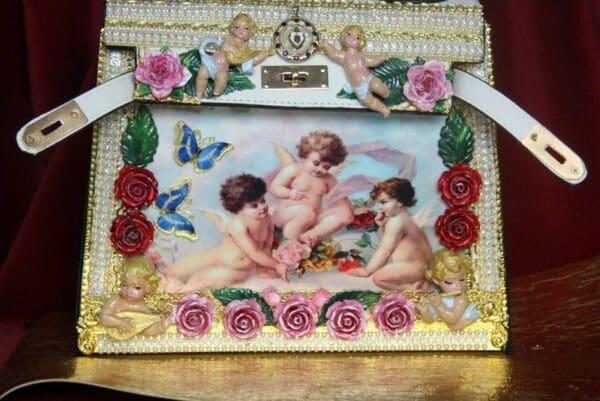 SOLD! 3876 Baroque Hand Painted Vivid Musical Cherubs Angels Roses Embellished Tote Crossbody Handbag - Image 4