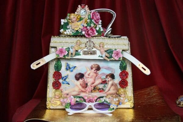 SOLD! 3876 Baroque Hand Painted Vivid Musical Cherubs Angels Roses Embellished Tote Crossbody Handbag - Image 6