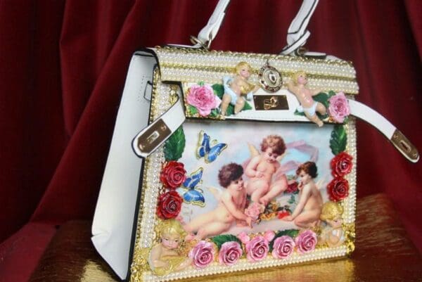 SOLD! 3876 Baroque Hand Painted Vivid Musical Cherubs Angels Roses Embellished Tote Crossbody Handbag - Image 7