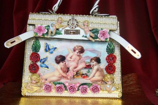 SOLD! 3876 Baroque Hand Painted Vivid Musical Cherubs Angels Roses Embellished Tote Crossbody Handbag - Image 8