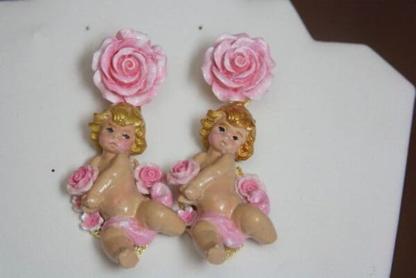 SOLD! 3884 Baroque Hand Painted Vivid Holding Roses Cherubs Pink Earrings Studs - Image 6