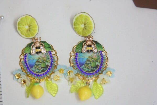 SOLD! 3926 Baroque Italian Tile Taormina Lemon Enamel Bee Fruit Hand Painted Crystal Studs - Image 5