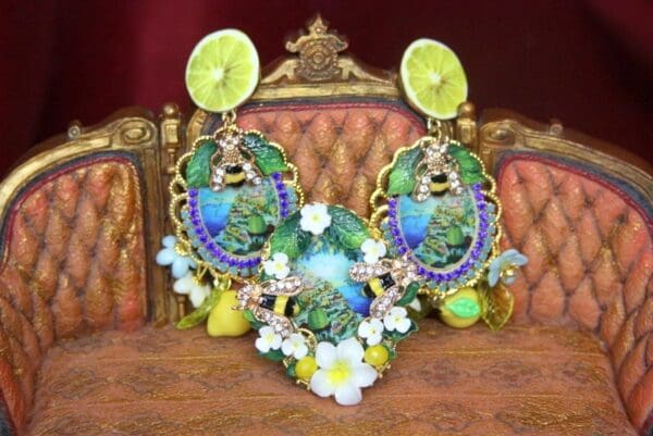 SOLD! 3927 Taormina Sicilian Lemons Enamel Bees Adjustable Cocktail Huge Ring - Image 3