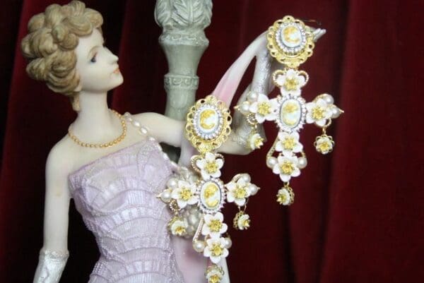 SOLD! 3932 Baroque Runway Lemon Flower Cameo Crystal Pearl Studs Earrings - Image 8