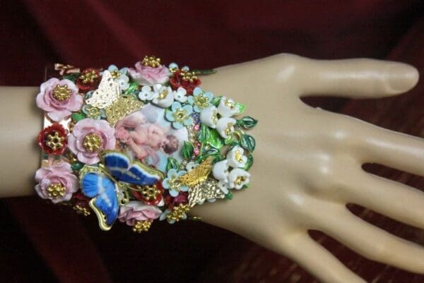 SOLD! 3936 Set Of Earrings+ Rococo Hand Painted Cameo Cherubs Angels Butterfly Cuff Bangle - Image 8