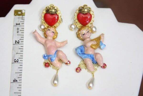 SOLD! 3939 Hand Painted Cherubs Baroque Sacred Heart Earrings Studs - Image 4