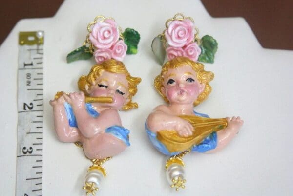 SOLD! 3940 Baroque Hand Painted Musical Vivid Roses Cherubs Earrings Studs - Image 2