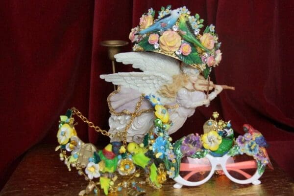 SOLD! 3945 Vivid Art Nouveau Parrots Birdcage Enamel Flower Set - Image 4