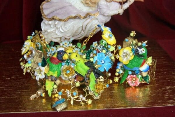 SOLD! 3945 Vivid Art Nouveau Parrots Birdcage Enamel Flower Set - Image 5