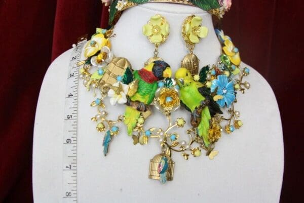 SOLD! 3945 Vivid Art Nouveau Parrots Birdcage Enamel Flower Set - Image 9