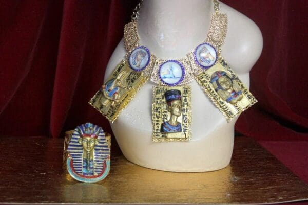 SOLD! 3947 Set Of Egyptian Revival Paraoh Hand Painted 3D Effect Statement Necklace+ Earrings - Image 5