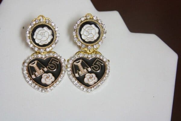 SOLD! 3953 Madam Coco Portrait Number 5 Camellia Heart Studs Earrings - Image 7