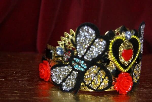 SOLD! 3959 Unusual Baroque Bee Heart Appliqué Crystal Flower Crown Headband - Image 7