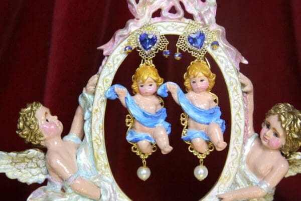 SOLD! 3965 Hand Painted Cherubs Baroque Blue Crystal Pearl Earrings Studs - Image 6