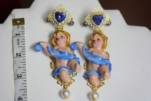 SOLD! 3965 Hand Painted Cherubs Baroque Blue Crystal Pearl Earrings Studs - Image 8