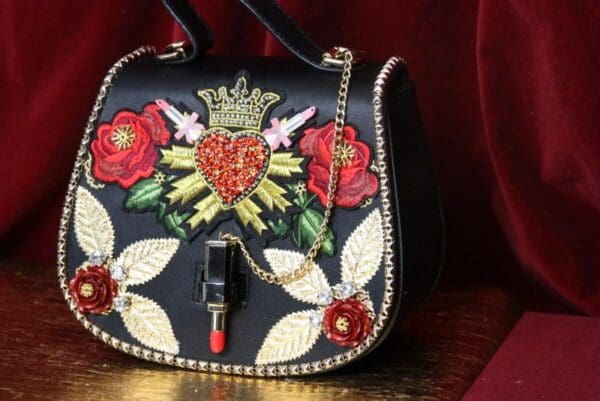 SOLD! 3973 Baroque Lipstick Heart Appliques Roses Embellished Tote Crossbody Handbag - Image 2