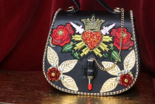 SOLD! 3973 Baroque Lipstick Heart Appliques Roses Embellished Tote Crossbody Handbag - Image 3