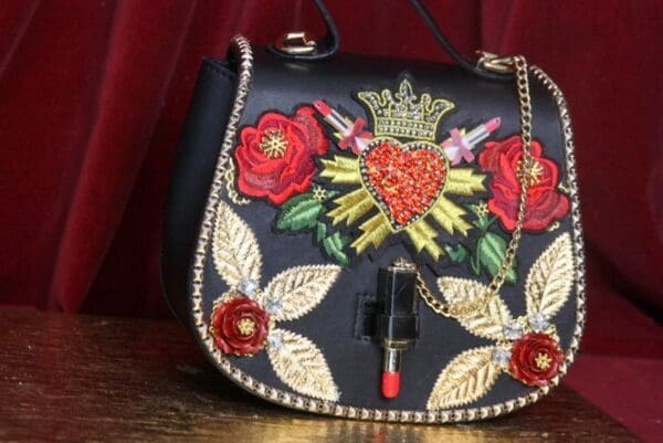 SOLD! 3973 Baroque Lipstick Heart Appliques Roses Embellished Tote Crossbody Handbag - Image 4