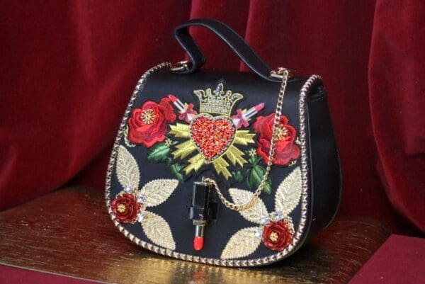 SOLD! 3973 Baroque Lipstick Heart Appliques Roses Embellished Tote Crossbody Handbag - Image 6