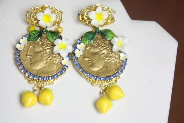 SOLD! 3975 Baroque Runway Lemon Flower Large Roman Coin Crystal Studs Earrings - Image 6