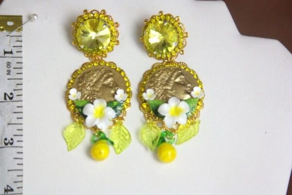 SOLD! 3976 Baroque Runway Lemon Flower Roman Coin Yellow Crystal Studs Earrings - Image 6