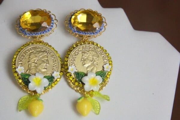 SOLD! 3977 Baroque Runway Lemon Flower Roman Coin Yellow Crystal Studs Earrings - Image 3