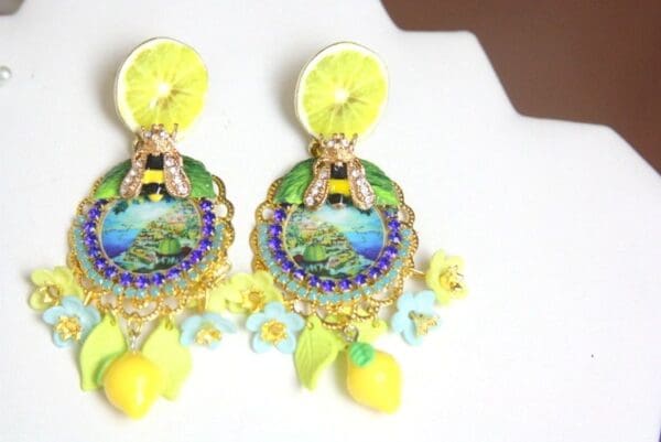 SOLD! 3978 Baroque Italian Tile Taormina Lemon Enamel Bee Fruit Hand Painted Crystal Studs - Image 7