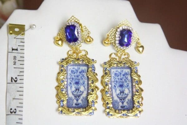 SOLD! 3979 Baroque Italian Tile Blue Vase Pattern Crystal Studs - Image 7