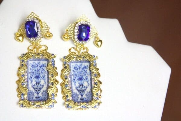 SOLD! 3979 Baroque Italian Tile Blue Vase Pattern Crystal Studs - Image 8