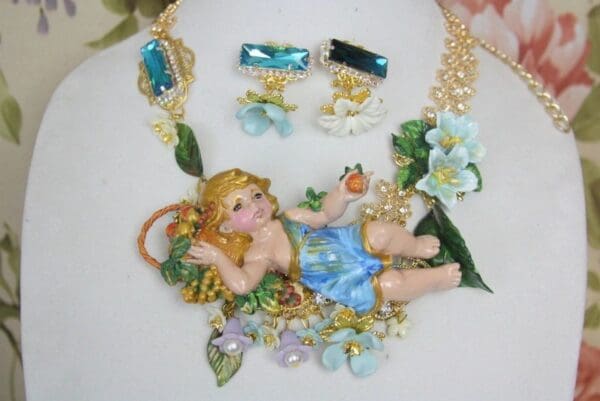 SOLD! 3981 Set Of Hand Painted 3D Effect Cherub Angel Flowers Statement Necklace+ Earrings - Image 2