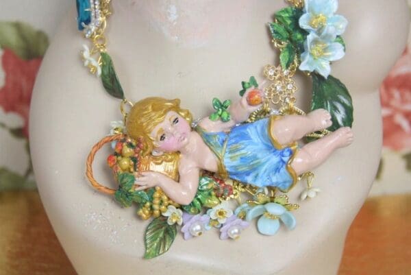 SOLD! 3981 Set Of Hand Painted 3D Effect Cherub Angel Flowers Statement Necklace+ Earrings - Image 8