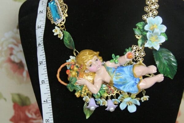 SOLD! 3981 Set Of Hand Painted 3D Effect Cherub Angel Flowers Statement Necklace+ Earrings - Image 9