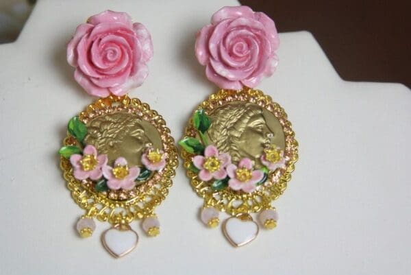 SOLD! 3985 Baroque Runway Roman Coin Pink Roses Crystal Studs Earrings - Image 4