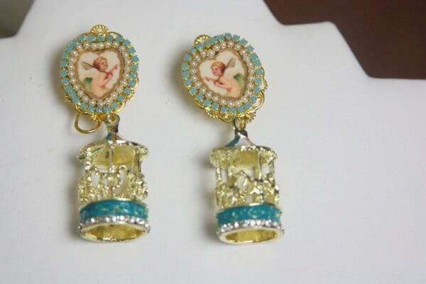 SOLD! 3986 Victorian Carousel Angel Cherub Cameo Studs Earrings - Image 3