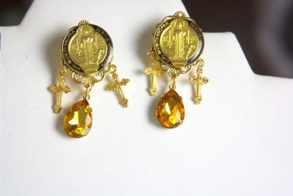 SOLD! 3995 St Benedict Church Crystal Cross Studs Earrings - Image 7
