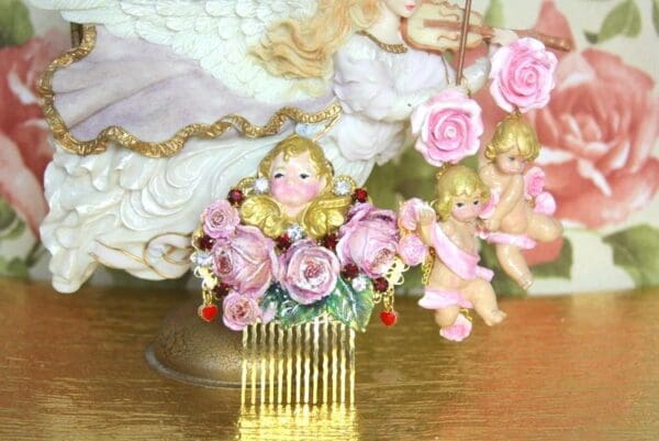 SOLD! 4001 Hair Comb Baroque Hand Painted Cherub Roses Filigree Crystal - Image 4