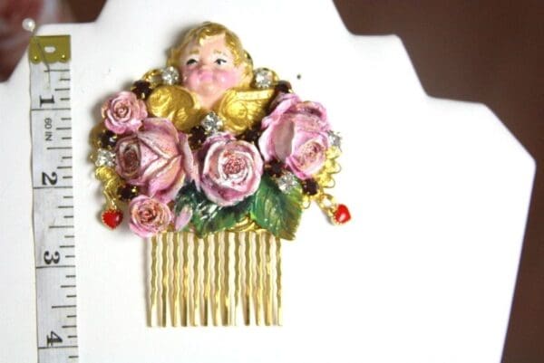 SOLD! 4001 Hair Comb Baroque Hand Painted Cherub Roses Filigree Crystal - Image 5