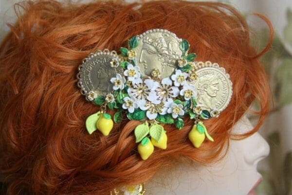 SOLD! 4002 Barrette Baroque Hand Painted Roman Coin Lemon Fruit Flower Roses Filigree - Image 2