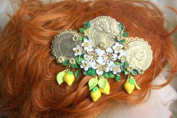 SOLD! 4002 Barrette Baroque Hand Painted Roman Coin Lemon Fruit Flower Roses Filigree - Image 5