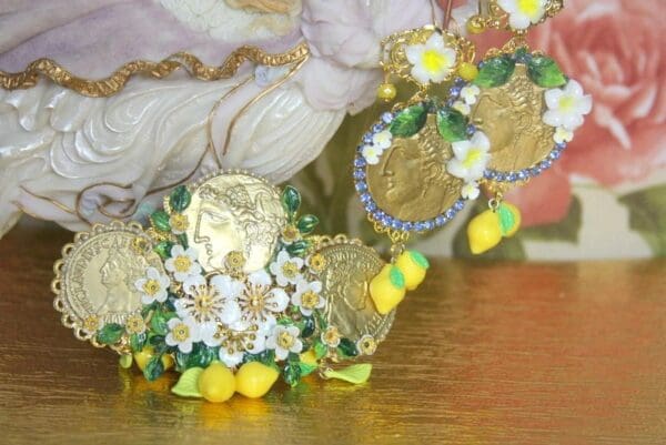 SOLD! 4002 Barrette Baroque Hand Painted Roman Coin Lemon Fruit Flower Roses Filigree
