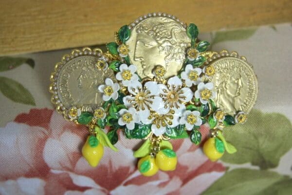 SOLD! 4002 Barrette Baroque Hand Painted Roman Coin Lemon Fruit Flower Roses Filigree - Image 7