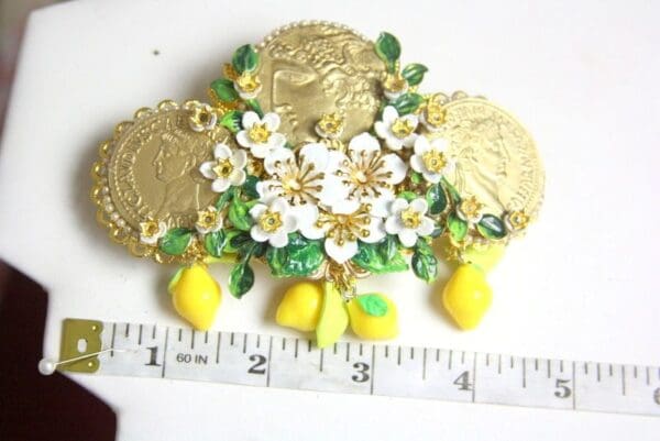 SOLD! 4002 Barrette Baroque Hand Painted Roman Coin Lemon Fruit Flower Roses Filigree - Image 8