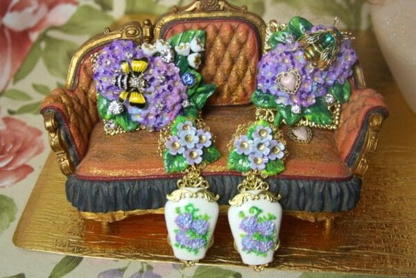 SOLD! 4010 Huge Hand Painted Baroque Hydrangea Enamel Bug Unique Brooch - Image 6