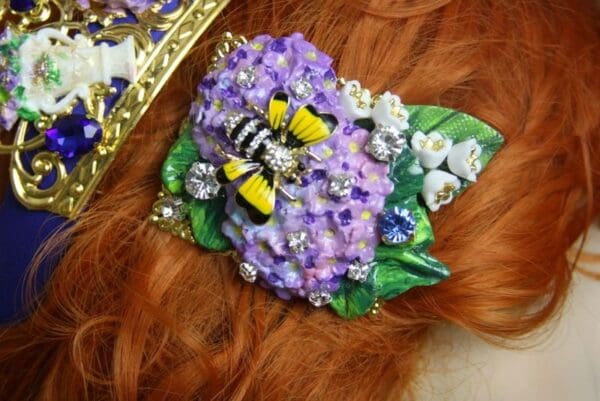 SOLD! 4011 Barrette Baroque Hydrangea Hand Painted Enamel Bee Crystal